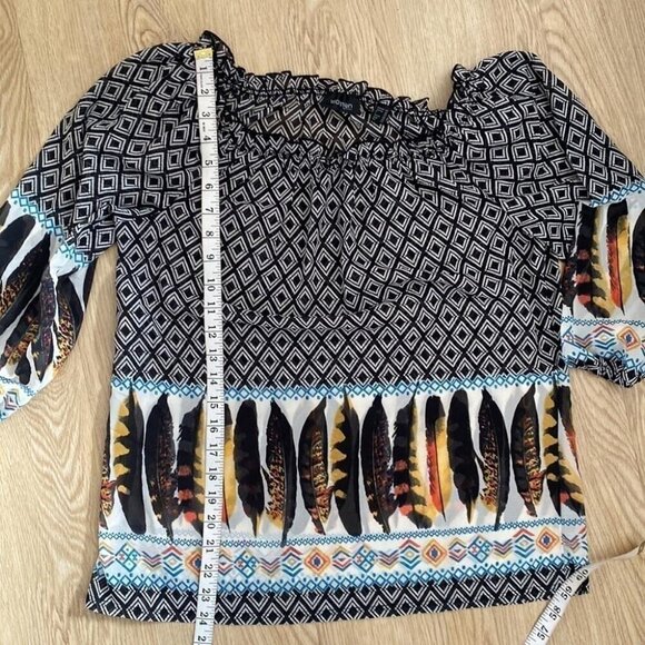 Tchibo Boho Print Peasant Top Sz 42 Feather Hem Tribal Pattern - Picture 7 of 8